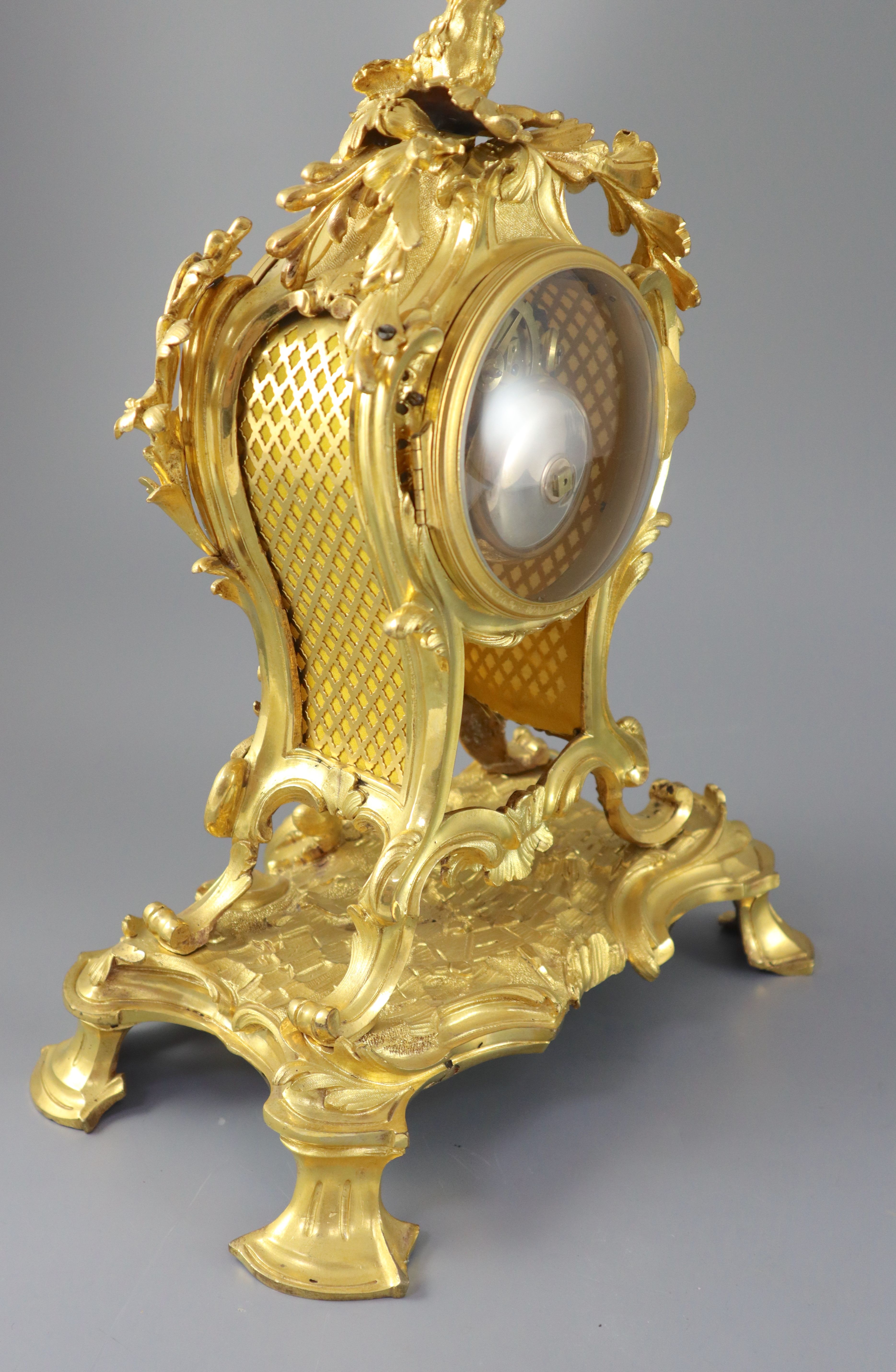 A mid 18th century French ormolu mantel clock, height 15in.